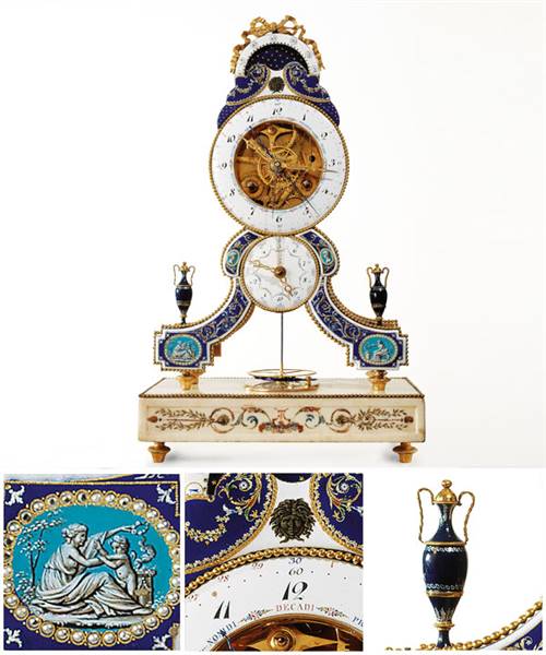 Joseph COTEAU (enameller) French 1740–1801 Skeleton clock c.1793-95 gilt and enamelled bronze (chased), marble 43.0 x 26.0 x 14.0 cm