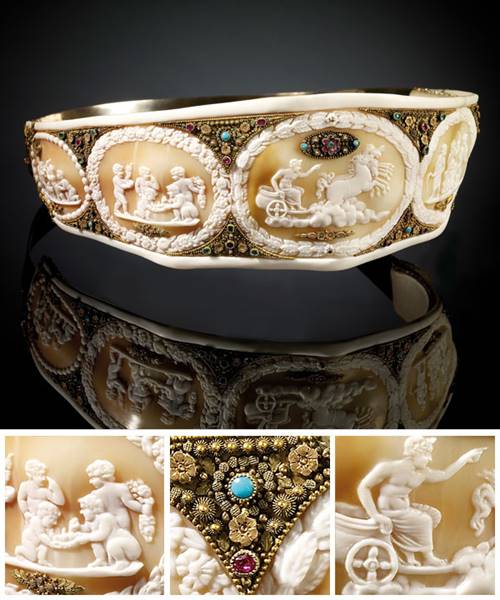 FRANCE Empress Josephine’s shell cameo diadem, presented to her by her brother-in-law Joachim Murat Empire period 1804–15 gold, shell, mother-of-pearl, cameos, pearls, precious and semi-precious stones 6.7 x 17.0 x 20.0 cm.