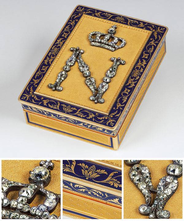 Victoire BOIZOT French active 1808–13 Box with a crowned N monogram Empire period 1804–15 gold, diamonds, enamel 2.0 x 5.6 x 7.7 cm (closed).