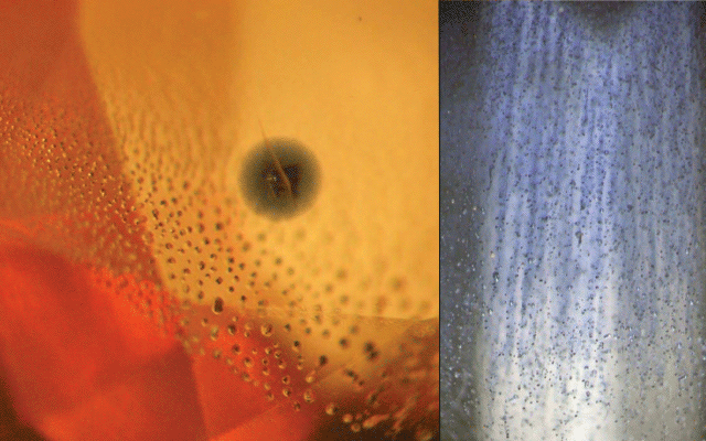 Figure 1. Natural, BeHT sapphire.  Figure 2. Synthetic, flame fusion sapphire