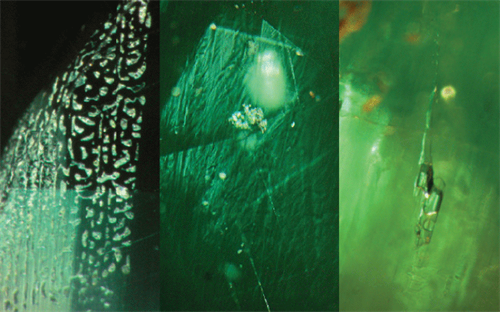 Figure 1 (left). Synthetic flux emerald. Figure 2 (centre). Hydrothermal emerald. Figure 3 (right). Natural emerald