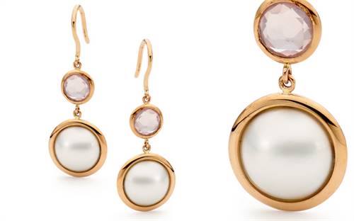 Ikecho Pearls’ Mabe pearl and rose quartz hook earrings