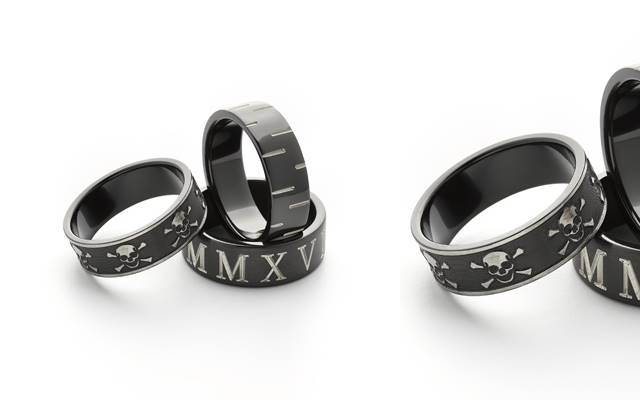 Worth & Douglas’ engraved black zirconium rings