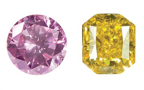 Image courtesy Greg C Grace | Figure 1. Australian argyle pink diamond | Figure 2. Brilliant cut fancy vivid yelow diamond