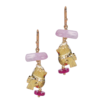 Misani gold earrings with kunzite and ruby gemstones