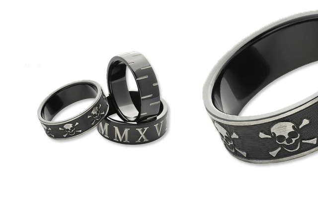 Worth & Douglas’ engraved black zirconium rings