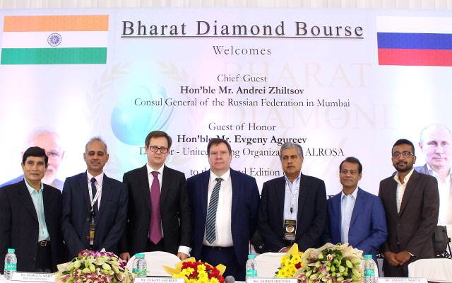 L to R: Mr. Mahendra Gandhi (President – MDMA), Mr. Mehul Shah (Vice president BDB), Mr. Evgeny Agureev (Director of ALROSA’s United Selling Organisation), Mr. Andrei Zhiltsov  (Russian Consul-General), Mr. Anoop Mehta (President BDB),Mr. Colin Shah (Vice-Chairman GJEPC) & Mr. Jay Parikh (Convener