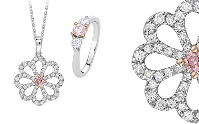 Pink Kimberley's pink diamond engagement ring and pendant with floral designs