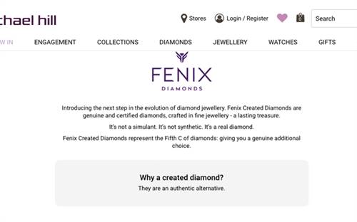 Before <i>Jeweller’s</i> contact the website stated that Fenix lab-created diamonds are not synthetic