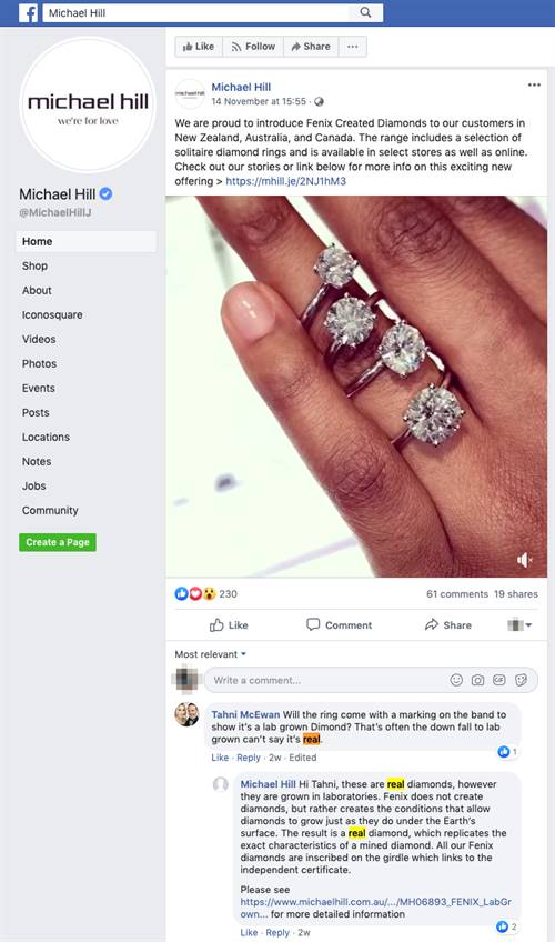 Examples of Michael Hill staff telling consumers on Facebook its new lab-created diamond engagement rings are "real".