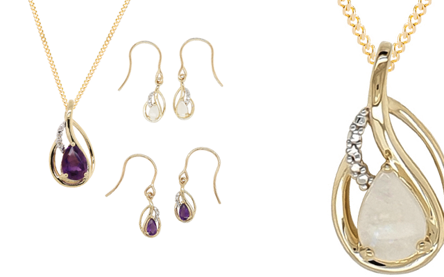 Worth & Douglas 9-carat gold earring and pendant sets, with opal and diamond or amethyst and diamond.