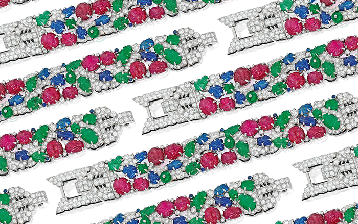 This Cartier bracelet, circa 1930, features the distinctive Tutti Frutti carved emeralds, rubies and sapphires, alongside single-cut diamonds. |  Image: Mike Stillwell, <i>Town & Country</i>