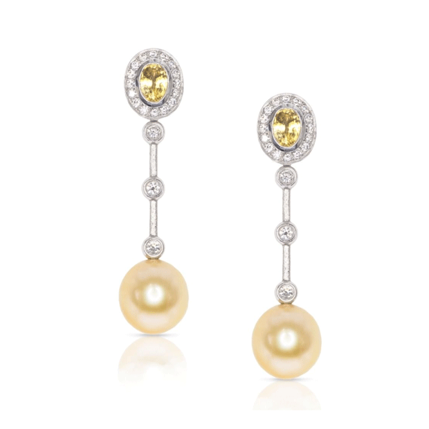 Yellow sapphire, diamond & pearl earrings by Tayron Scagnetti