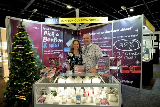 Anna and Adam Tuohy of JM Leech Jewellers, aka Bon Bon Guy Promotions, at the International Jewellery Fair in Sydney 2019.