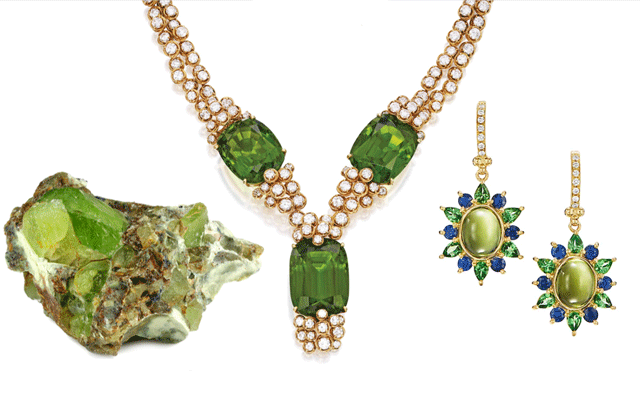 L to R: Peridot rough; peridot and diamond collier, Sotheby’s; Dreamcatcher peridot earrings, Temple St Clair.