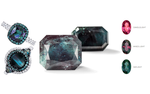 L to R: Omi Prive´ alexandrite rings; Rubius loose Alexandrite; Alexandrites under different light.