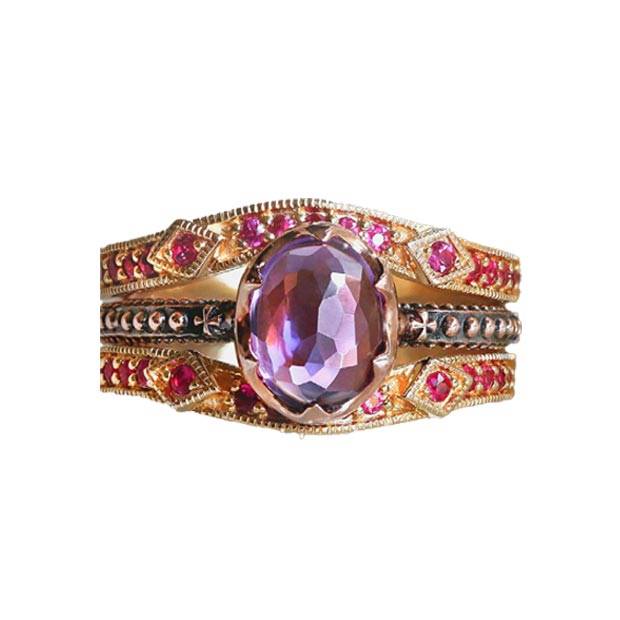 Amethyst Rosary stacking ring & Belle Epoque ruby rings by Victoria Buckley