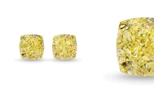 Pair of Fancy Intense Yellow cushion-cut diamond from Kunming Diamonds.