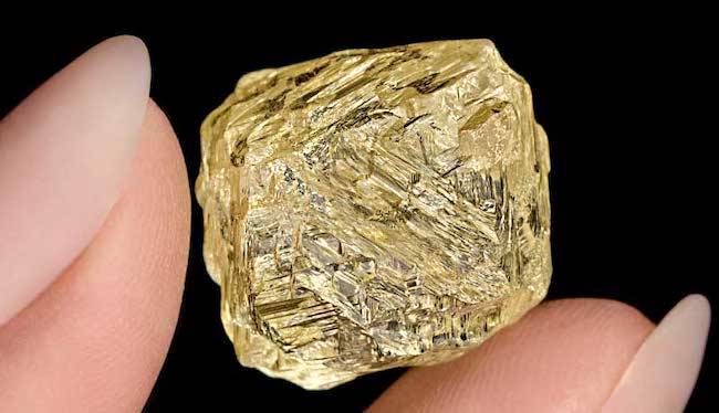 The Diavik Helios, a 74.48-carat fancy yellow diamond mined in Canada, is Lot 1 in Rio Tinto's new Specials Tender of large diamonds. Image credit: Rio Tinto