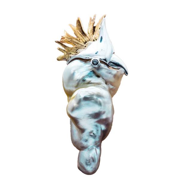 Natural pearl cockatoo pendant by Shayne Rowe.