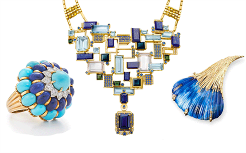 L to R: Fred Leighton ring, Chow Tai Fook necklace, Andrew Grima brooch | Below: Boucheron bracelet, Arman Sarkisyan ring