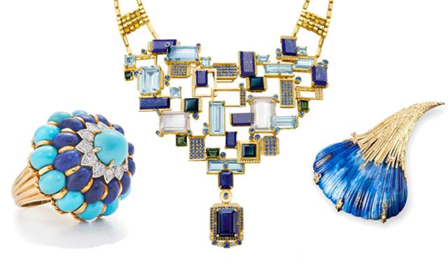 L to R: Fred Leighton ring, Chow Tai Fook necklace, Andrew Grima brooch | Below: Boucheron bracelet, Arman Sarkisyan ring