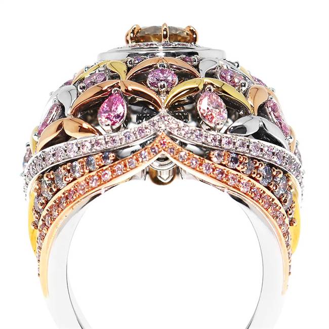 Comprising of 673 pink, white, yellow, blue and champagne Argyle diamonds and 237 grams of Rio Tinto gold, Calleija