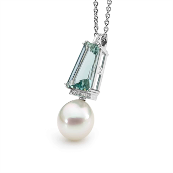 Aquamarine, diamond & Australian South Sea pearl pendant by Stelios Palioudakis.