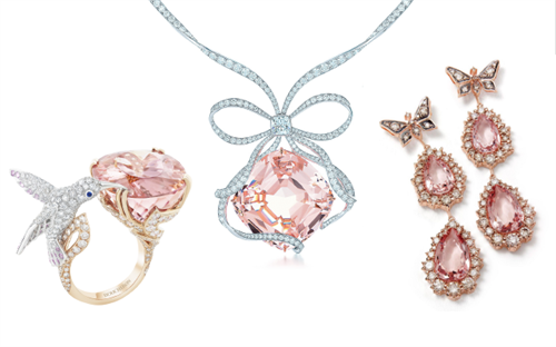 <b>L to R:</b> Tiffany & Co. necklace; Boucheron ring; H.Stern earrings. <b>Below:</b> Morganite rough; Linneys ring; Chaumet brooch