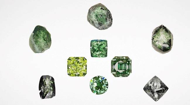 A selection of natural green diamond, rough and faceted. Note: These diamonds are not among those recalled by the Gemological Institute of America. Image credit: GIA