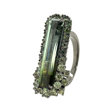 Green and blue green tourmaline dress ring by Carla Maxine.