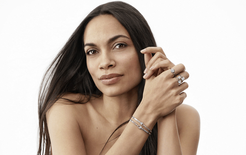 The Pandora Brilliance jewellery range features CVD lab-created diamonds in sizes 0.15–1 carat, priced from £250–1,290. Pictured: Actress Rosario Dawson models the Pandora Brilliance range. Image credit: Pandora