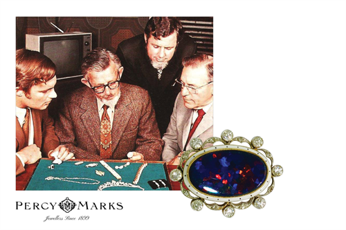 The second and third generation of the Marks family to run the jewellery business – (L–R) Graeme Marks, Rolf Marks, Ken Marks, and Percy Marks Jr. Inset: An Australian black opal brooch gifted from founder Percy 'The Opal King' Marks to his wife, Eliza Robinson Barton.