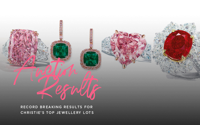 The four record breaking lots from Christie's recent auction. Left to right: The 'Sakura diamond' pink diamond ring; Muzo x Argyle emerald and pink diamond earrings; the 'Sweet Heart' pink diamond ring; Burmese ruby ring