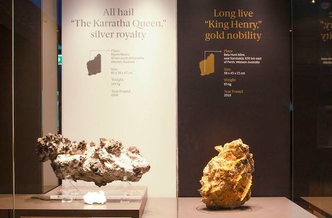 The Karratha Queen – a 145kg silver nugget – and the King Henry, a 93kg gold specimen, on display at The Perth Mint's new public exhibition.