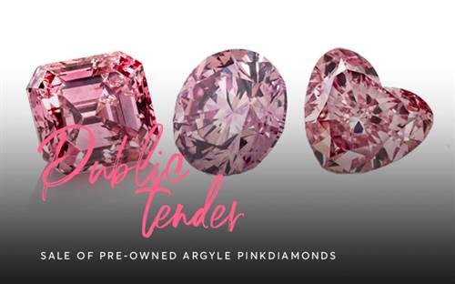 The YourDiamonds.com public tender includes a 2-carat pink diamond (centre) with a price guide of $1.5–2.5 million, as well as several pinks above 1 carat.