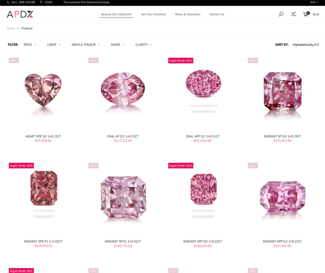 A selection of pink diamonds listed on APDX.com.au, including stones from the 2020 and 2021 Argyle Tenders.