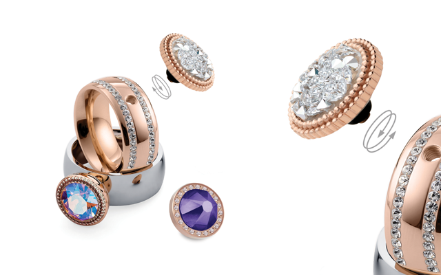 Purple tones and shimmering crystals the new Qudo ring tops.