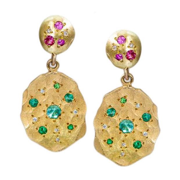 'Emerald And Pink Sapphire Splatter' earrings by Sarah Gardner.