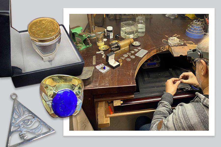 Master jeweller Hugh Gillbanks has spent more than 10 years developing Starium, a high-performance alloy, for the jewellery industry. Pictured: Jewellery crafted from Starium; Hugh Gillbanks at the bench