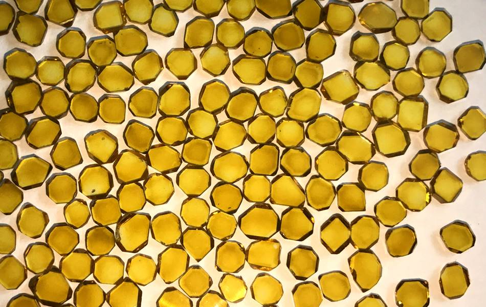 Yellow monocrystal lab-grown diamond seeds from China. <b>Image:</b> More Super Hard Company 