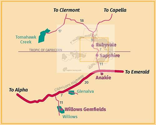 Sapphire can be found in several Australian east coast localities from north Queensland to north-east Tasmania. One of the largest and most economic deposits are found in Central Queensland; Anakie-Sapphire Fields in Queensland lies between Sapphire Township and Rubyvale.