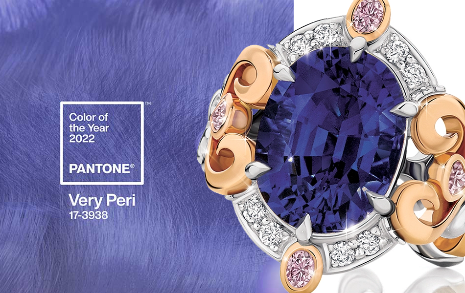 Pantone 17-3938, which will be commercially known as Very Peri, will serve as the frontrunner for Pantone's Colour of 2022. <b>Image:</b> Pantone; Calleija's Tanzanite ring