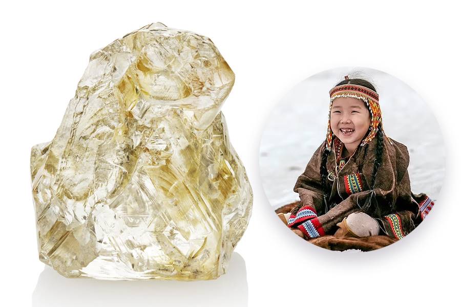 Alrosa named the 91.86-carat yellow-brown diamond 'Kyndykan' after a heroine who symbolises resilience and spiritual strength of the indigenous people of Yakutia. Pictured above is Kristina Cheremkina, a traditional Yakutian girl who is also Alrosa's project ambassador.