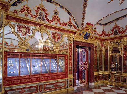 Pictured is the Jewel Room of the Green Vault museum which is open to the public. The thieves targeted three sets of items in their heist. Image: David Brandt, Staatliche Kunstsammlungen Dresden