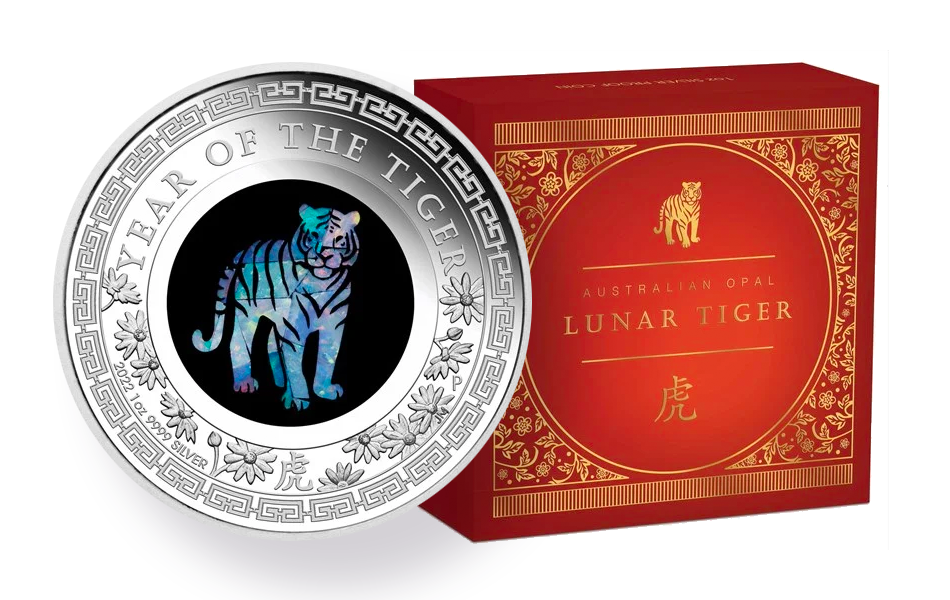 With inlaid opal in the shape of a tiger, Perth Mint's silver coin stands to celebrate the 2022 Chinese New Year. Only 5,000 has been minted. 