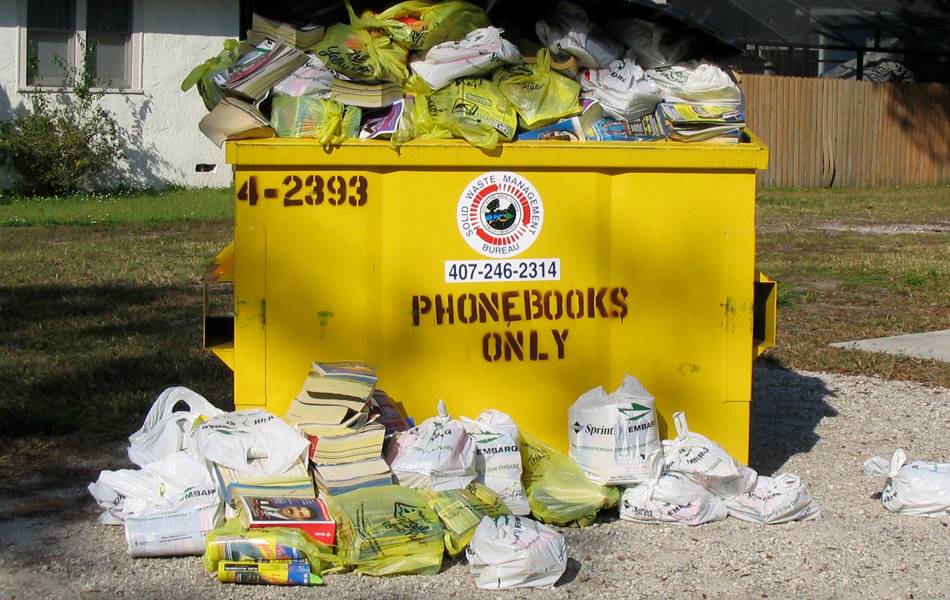 A day after delivering phone books, this phonebook disposal dumpster was photographed in Orlando. Source: Tim Welch, Flickr