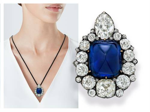 1850 antique; a 10.47-carat cabochon-cut pyramid-shaped Kashmir sapphire pendant surrounded by pear-shaped rose-cut diamonds which sold for $591,200 ($AU803,148).