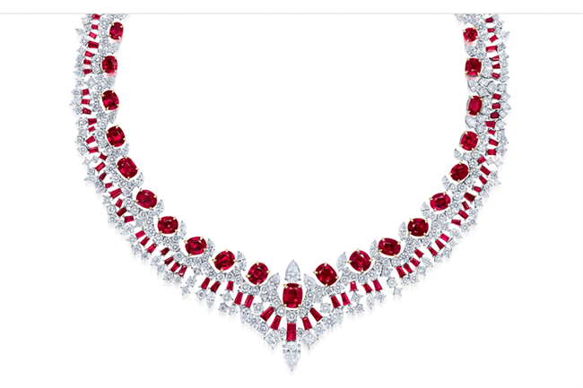 A necklace set with Burmese rubies and white diamonds was sold for $US385,258 ($AU556,260) in Hong Kong.