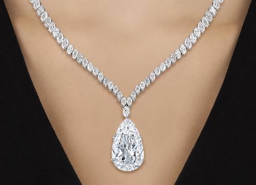 This 38-carat pear-shaped diamond is D-colour and VVS1-clarity. and was set in a pendant necklace by Jacques Timey for Harry Winston. The necklace is platinum and white 18-carat gold and features an additional 20 carats of G-colour diamonds. Source: M.S. Rau